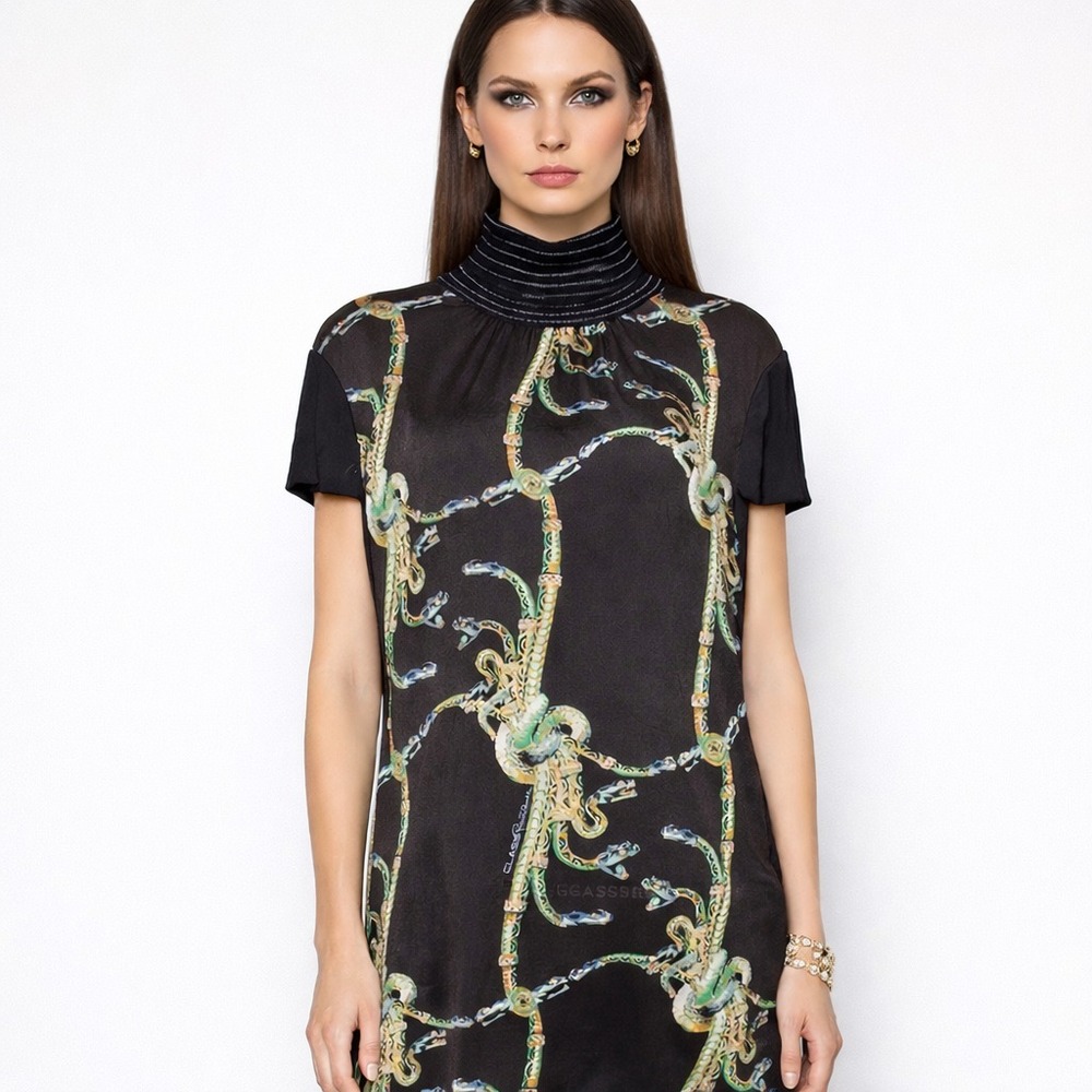 CLASS Roberto Cavalli Blouse Snake Chain Print Statement Italy Sleek Night SZ 10
